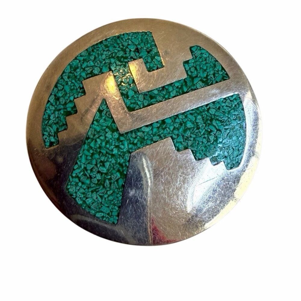 Taxco Mexico TC-49 Sterling Silver Turquoise Mosaic Inlay Brooch